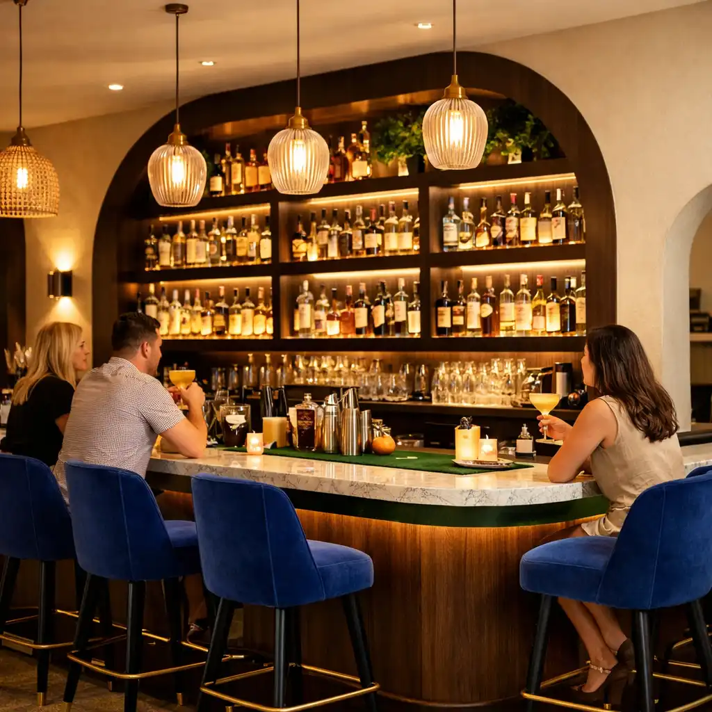 Photograph of the bar area with dark wood, marble top, backlit shelves, and cobalt blue bar stools