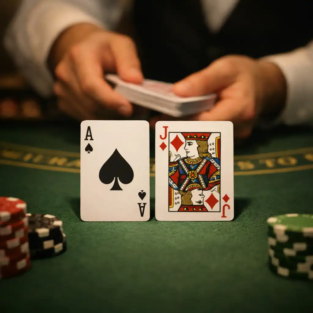 Blackjack table with physical playing cards being dealt by a dealer
