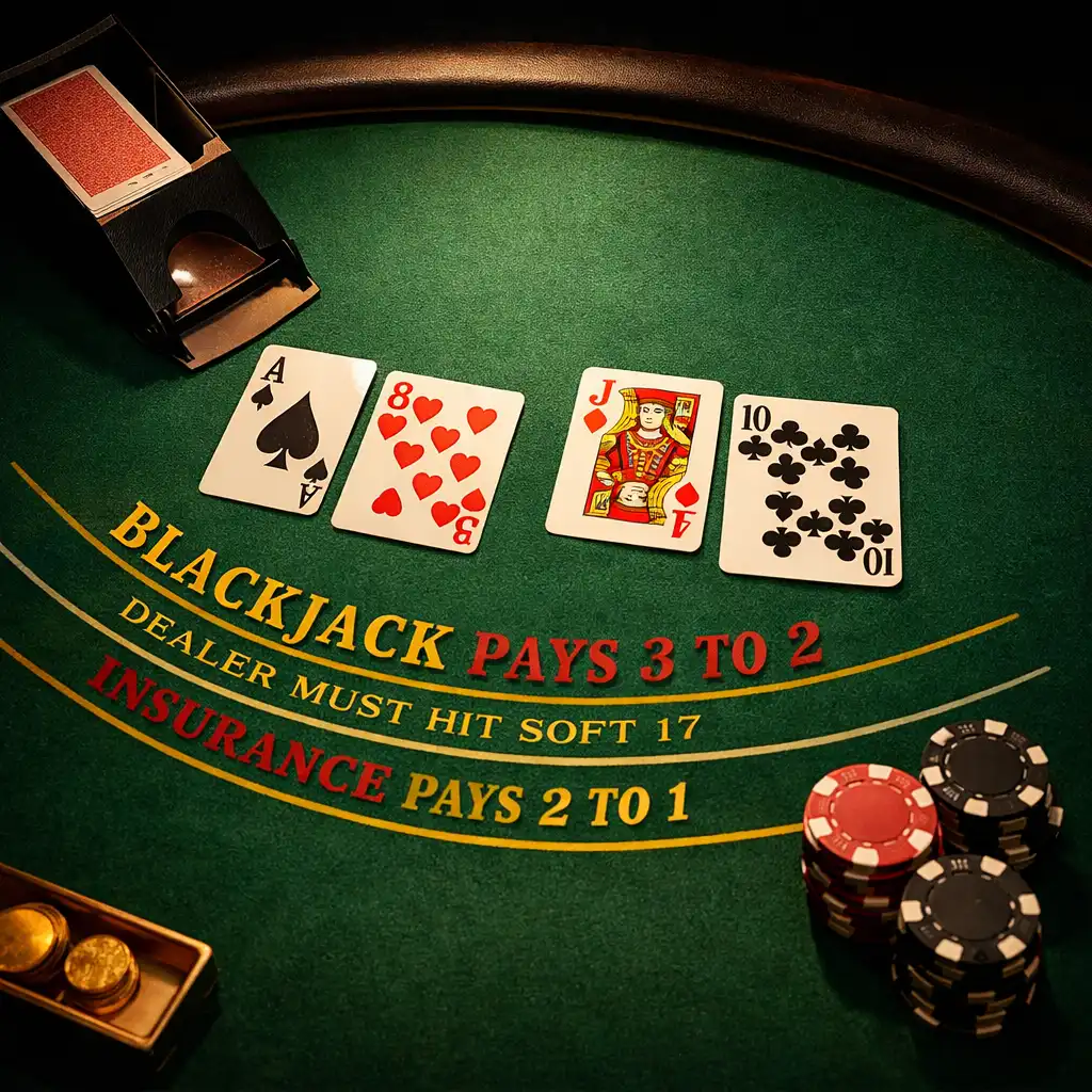Overhead shot of a blackjack table with green felt, a shoe of cards, and face-up cards