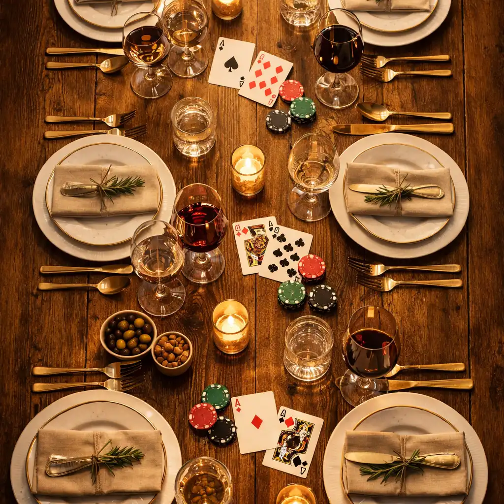 Overhead view of a long wooden communal table set for dinner with playing cards and poker chips among the tableware