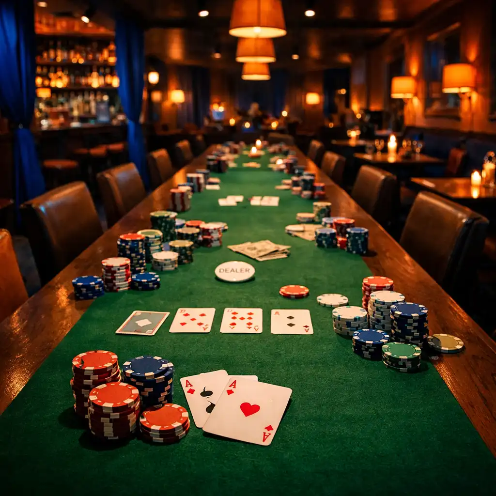 Restaurant interior at night with a long table transformed with green felt, cards and chips