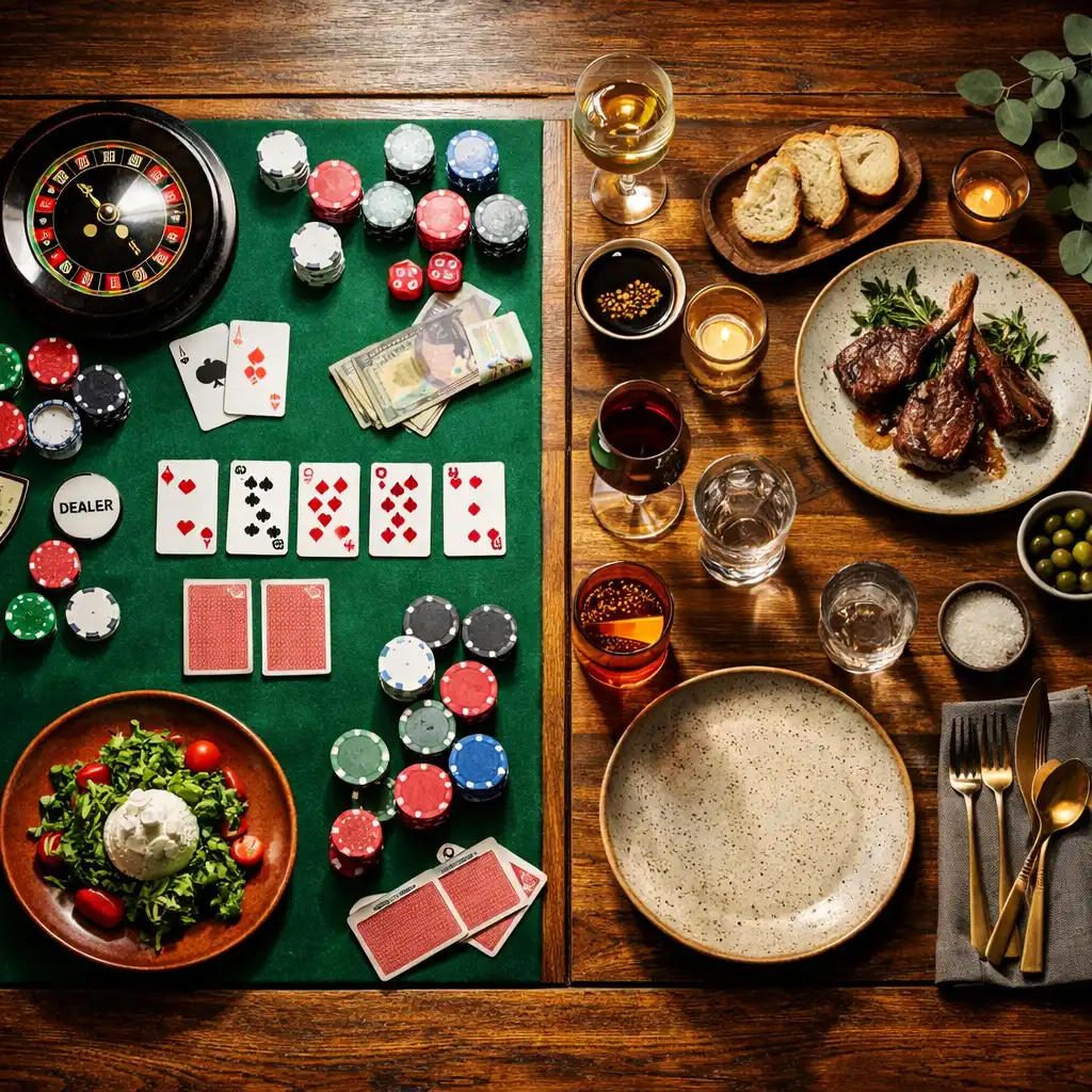 Overhead photograph of a long table transformed with a green felt surface, playing cards, poker chips, and a small roulette wheel