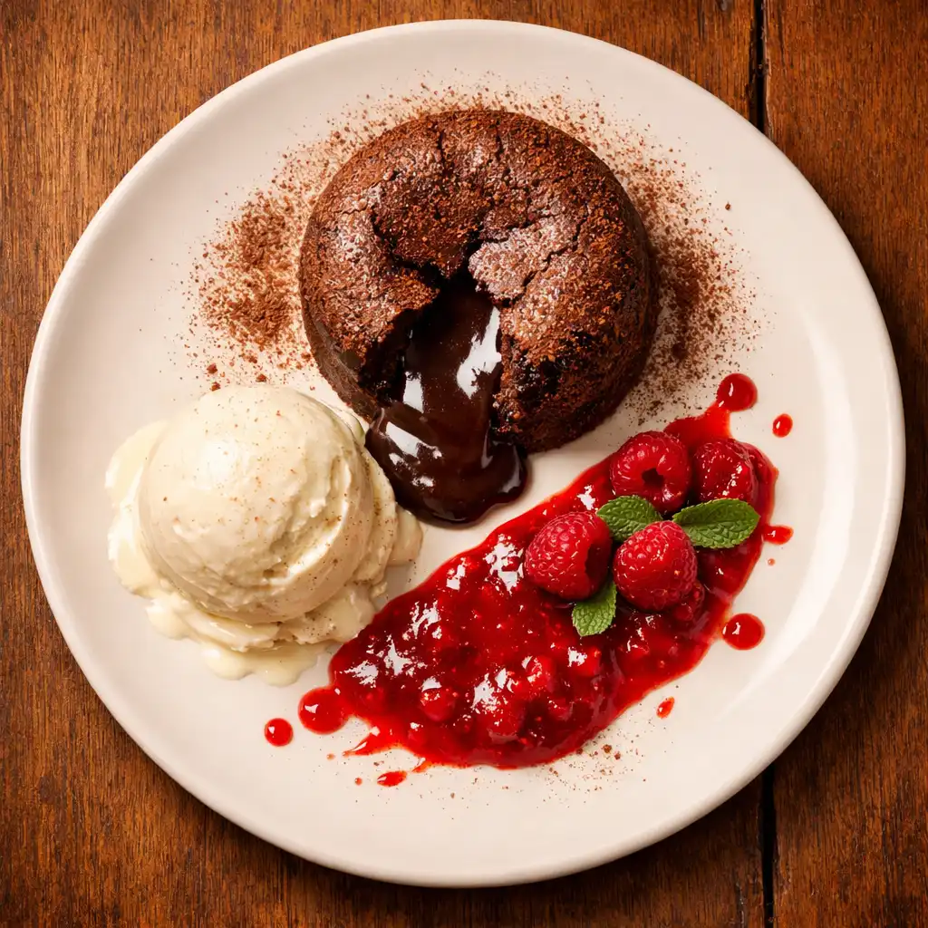Overhead view of dark chocolate fondant with vanilla bean ice cream and raspberry coulis