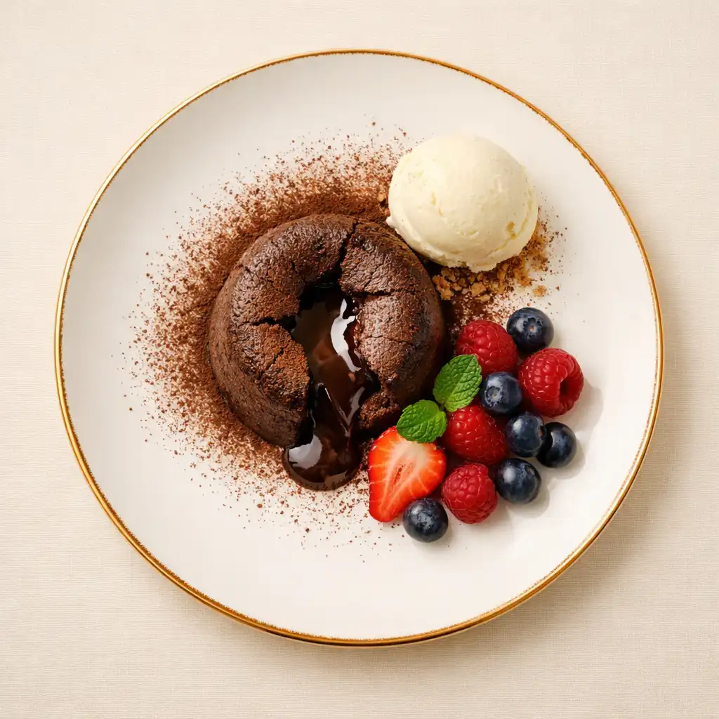 Overhead photograph of chocolate fondant with molten centre, vanilla ice cream, and fresh berries