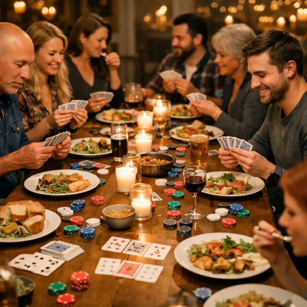 Guests seated at a long table dining and playing card games together, with plates and poker chips on the table
