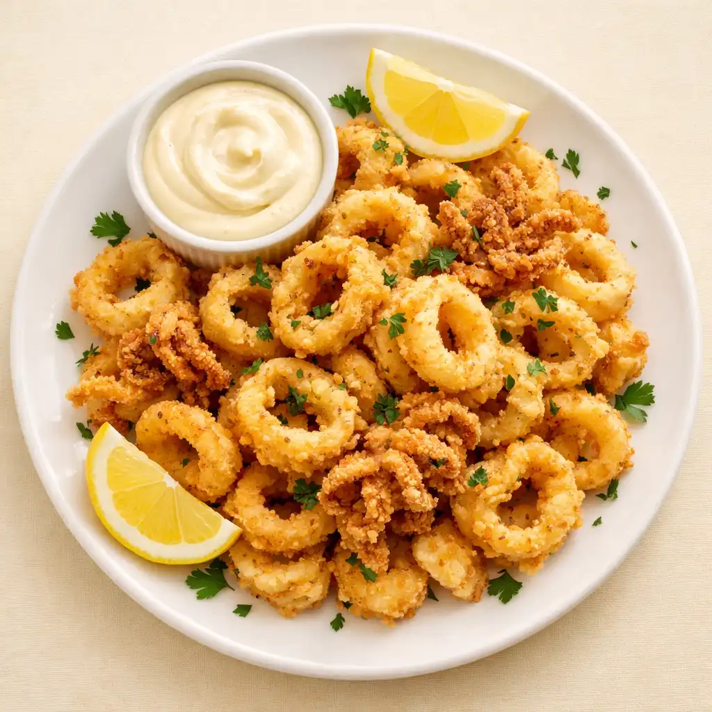 Crispy calamari with lemon aioli on a white plate
