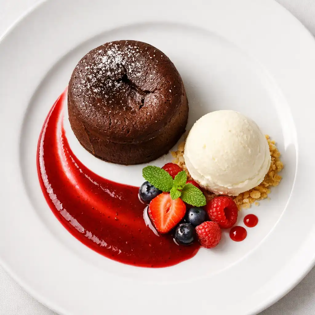Chocolate fondant with vanilla ice cream and berry coulis
