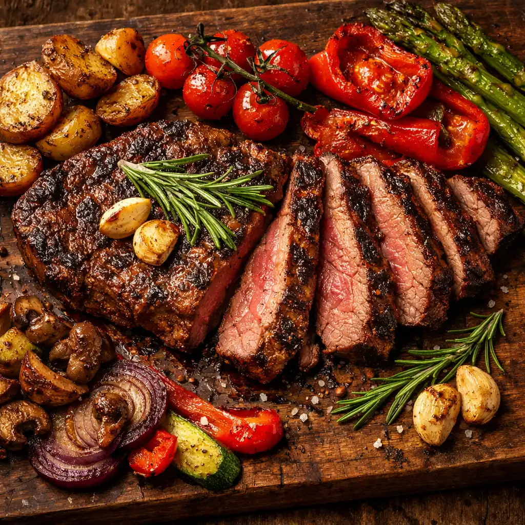 Grilled steak with rosemary and garlic on a wooden board