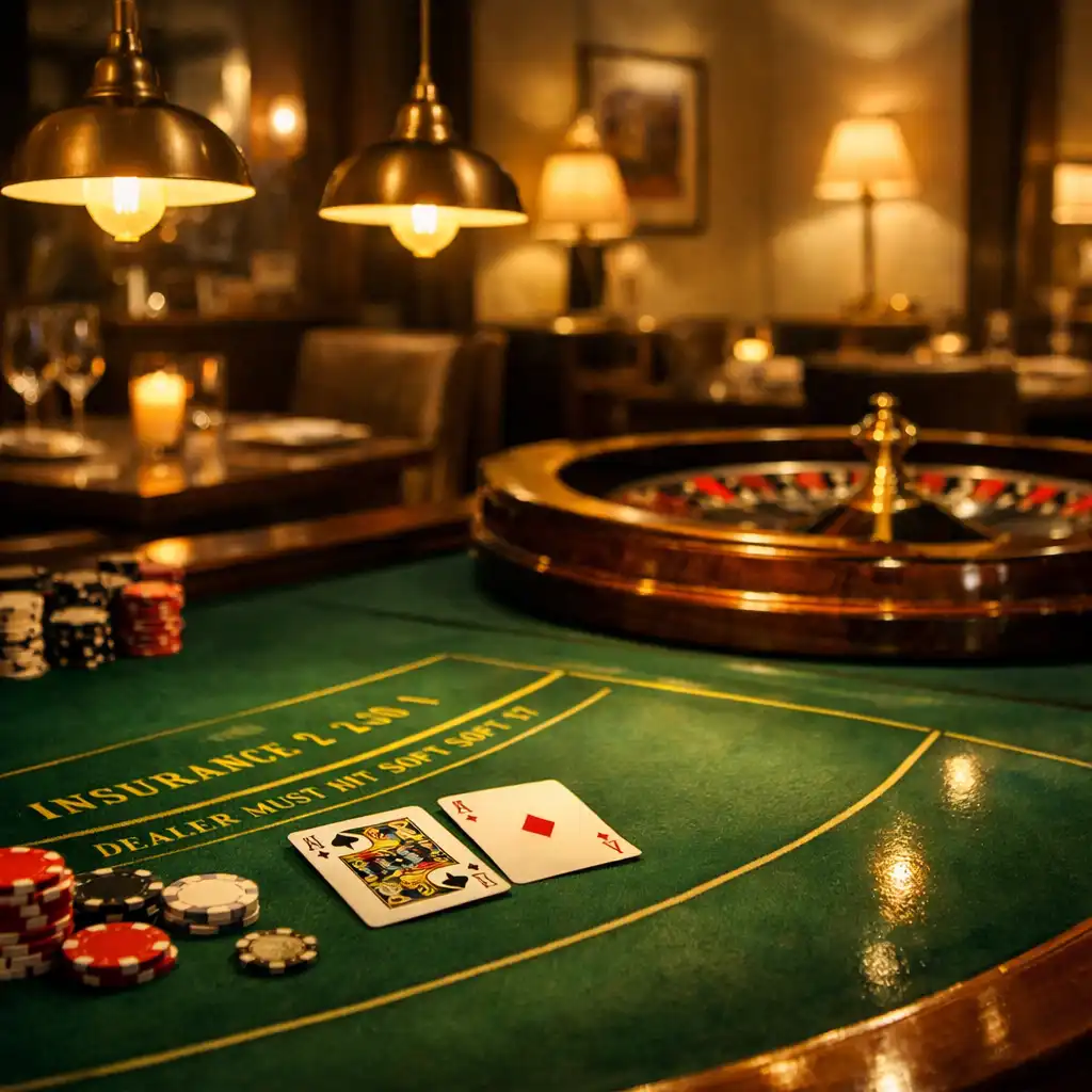 Evening atmosphere with warm lights on the green felt table sections