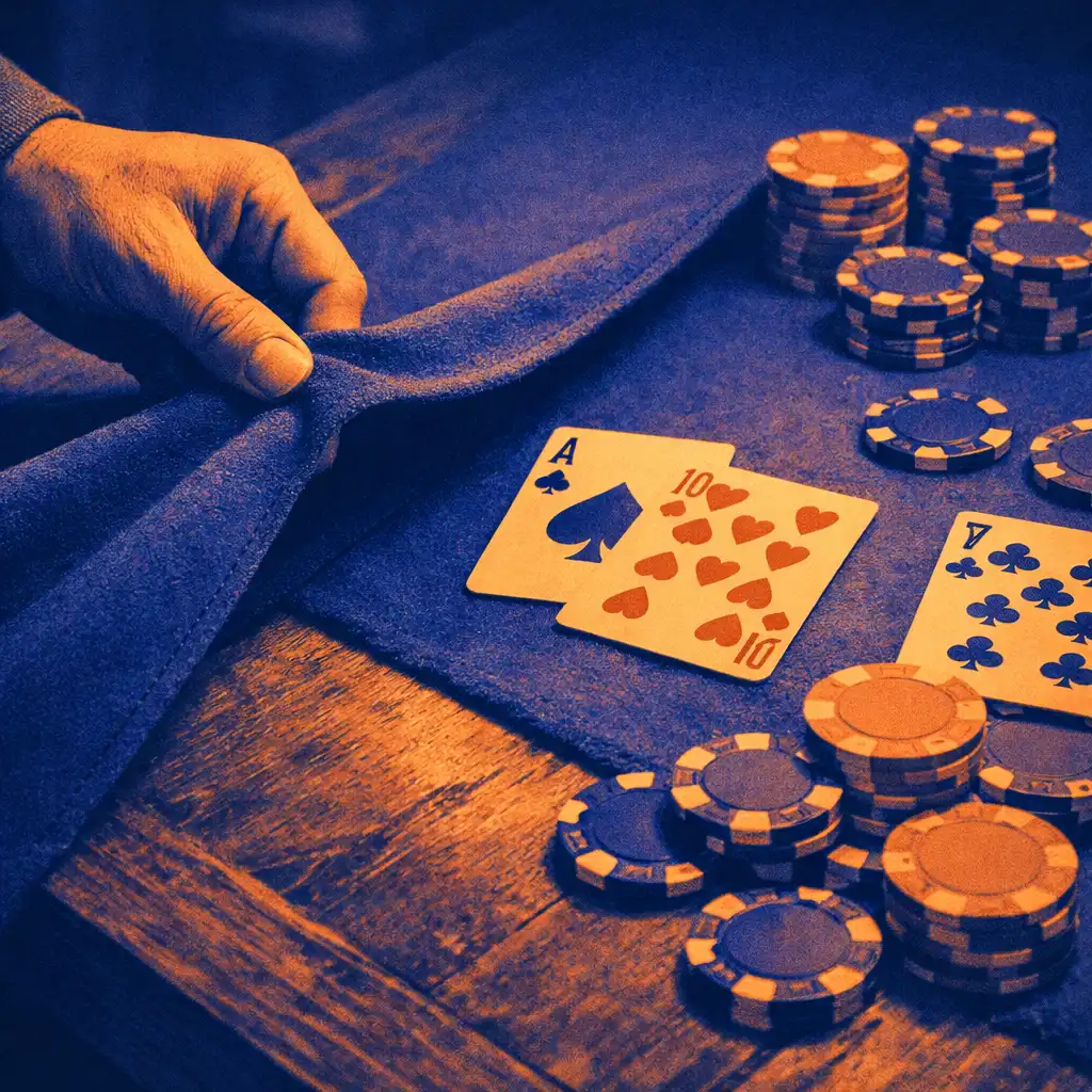 Close-up of green felt being laid over a wooden table with playing cards and poker chips scattered on top