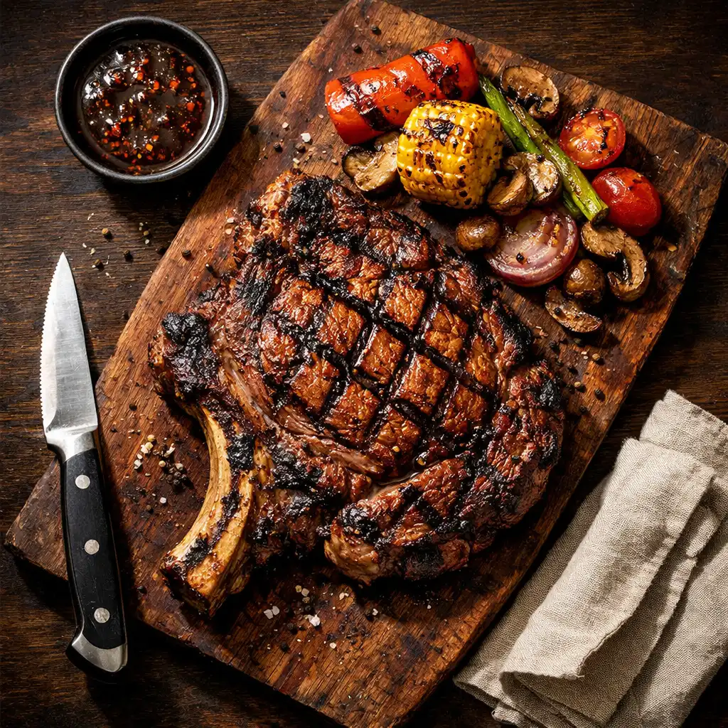 Overhead photograph of a dry-aged ribeye steak with char marks, grilled vegetables, and sauce on a wooden board