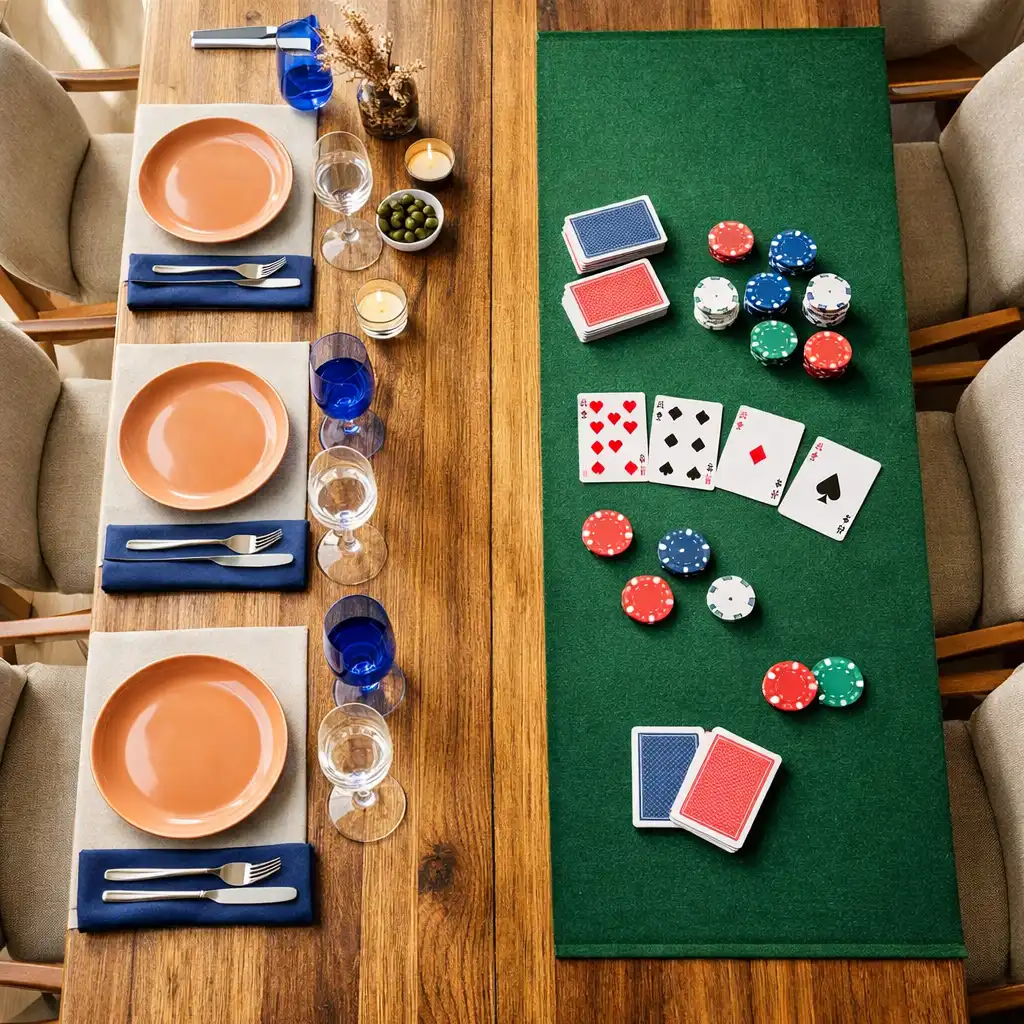Overhead view of a long communal table with dining settings and a subtle casino-inspired felt area