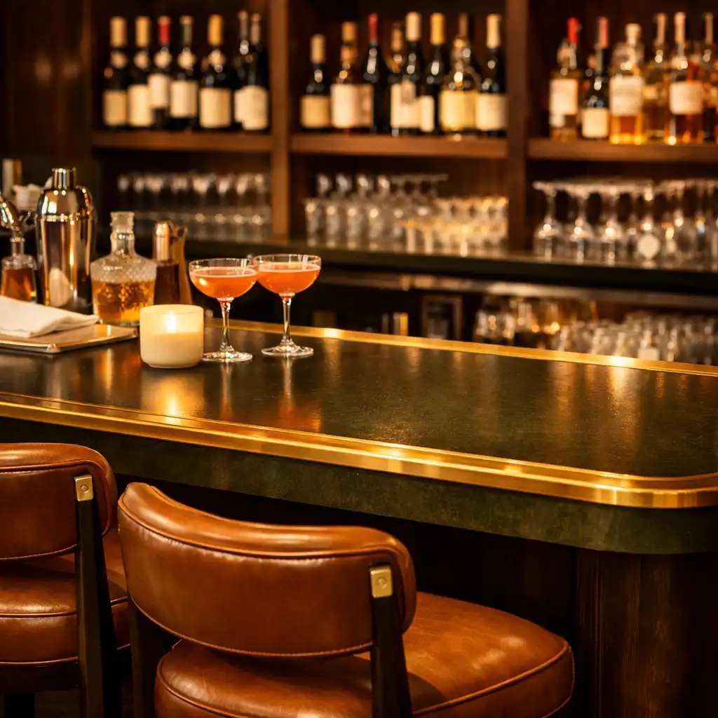 Close-up of the dark olive bar counter with backlit shelves of wine and glassware