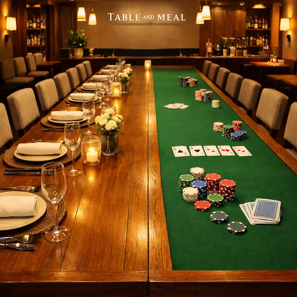 Interior photograph of the Table and Meal restaurant showing the long communal wooden table with one side set for dining and the other with green felt, playing cards, and poker chips