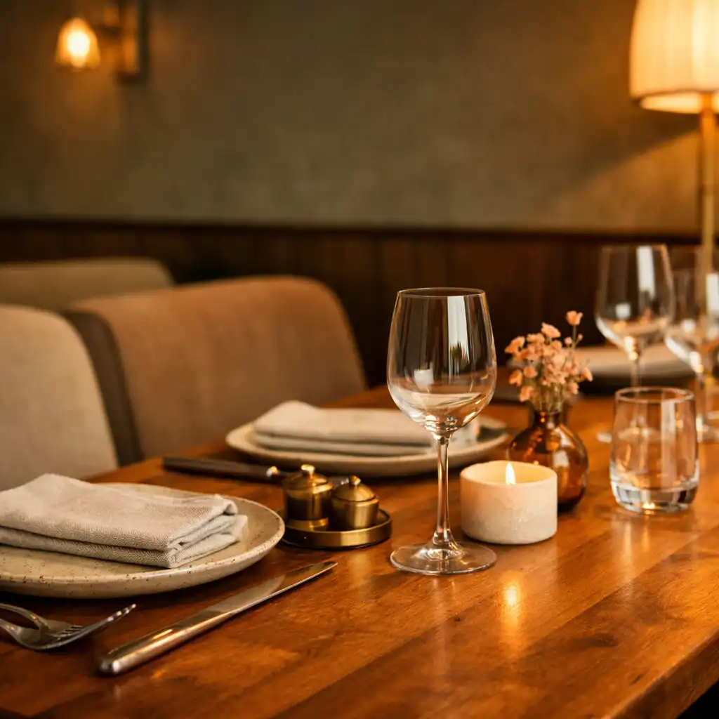 Detailed view of the communal table with place settings and upholstered chairs