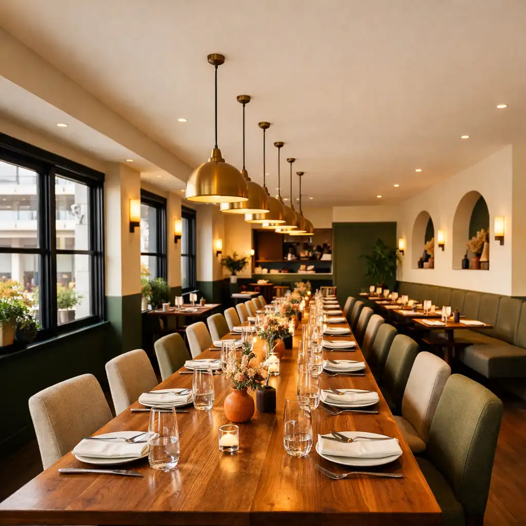 Wide view of the Table and Meal dining room with a long communal table and warm lighting