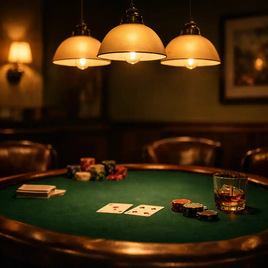 Evening view of the dining room with the felt table and warm pendant lighting