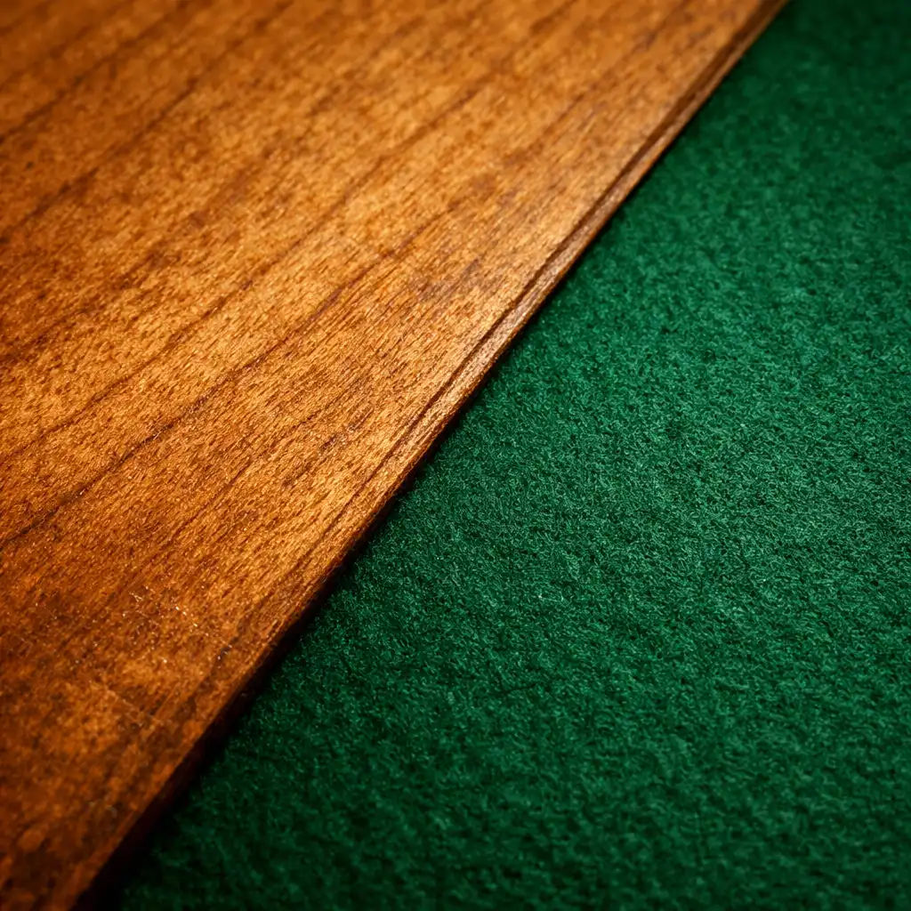Macro view of the table surface showing the seam between warm wood and green felt