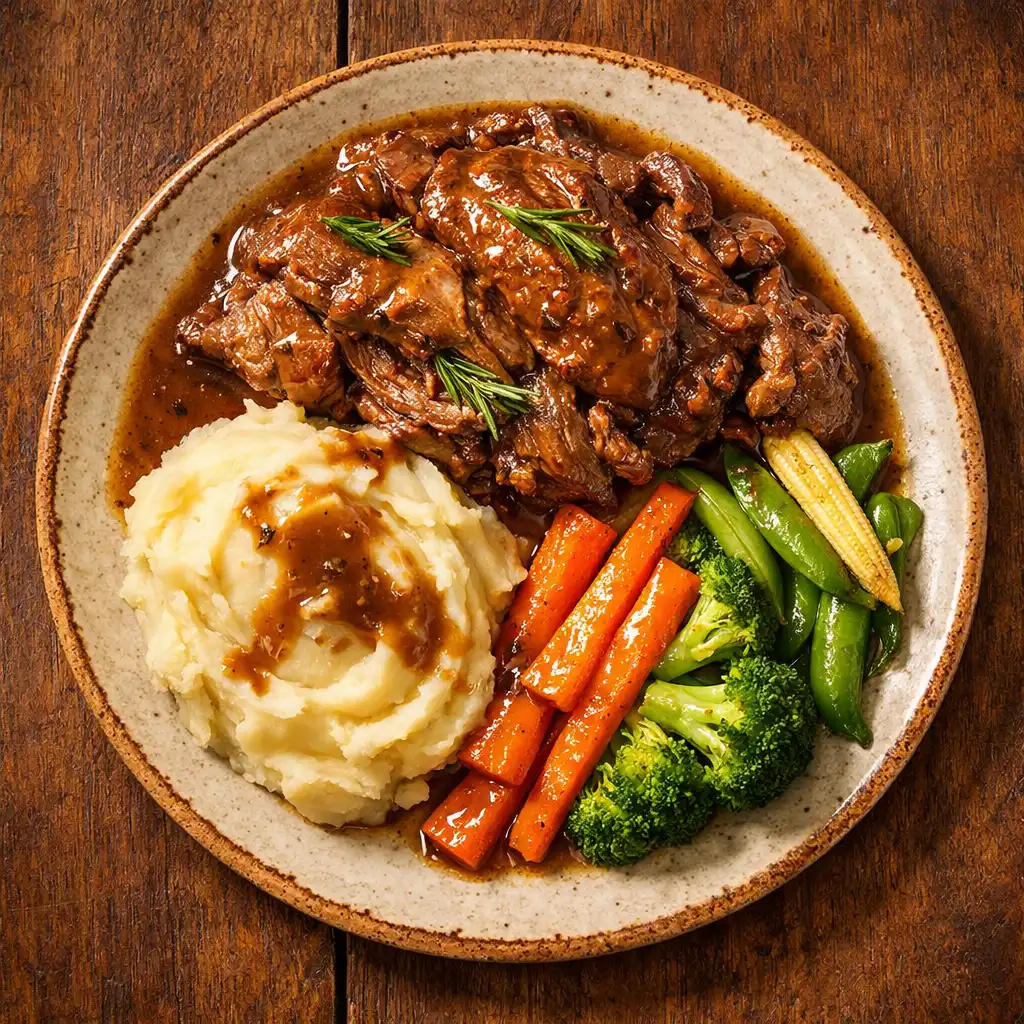 Overhead view of slow-cooked lamb shoulder with mashed potatoes and seasonal vegetables