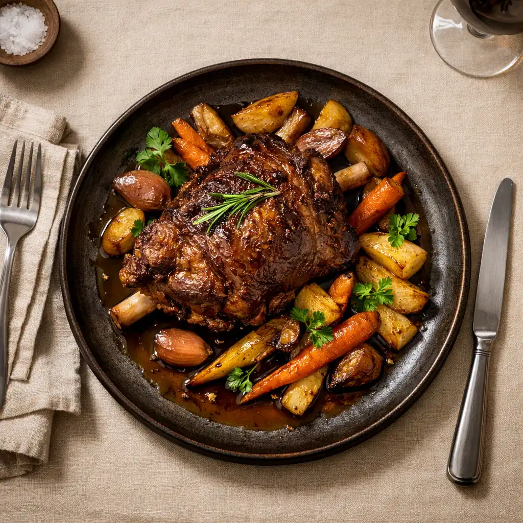 Overhead photograph of slow-cooked lamb shoulder with roasted root vegetables and jus on a dark plate