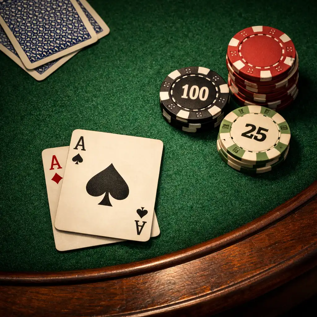 Close-up of the green felt surface and wooden edge of a poker table
