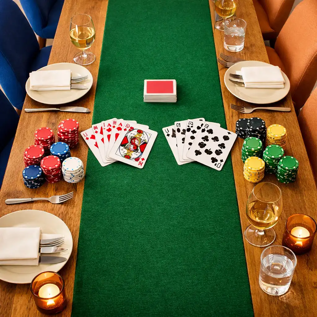 Overhead view of a long wooden table with green felt, poker cards and colourful chips