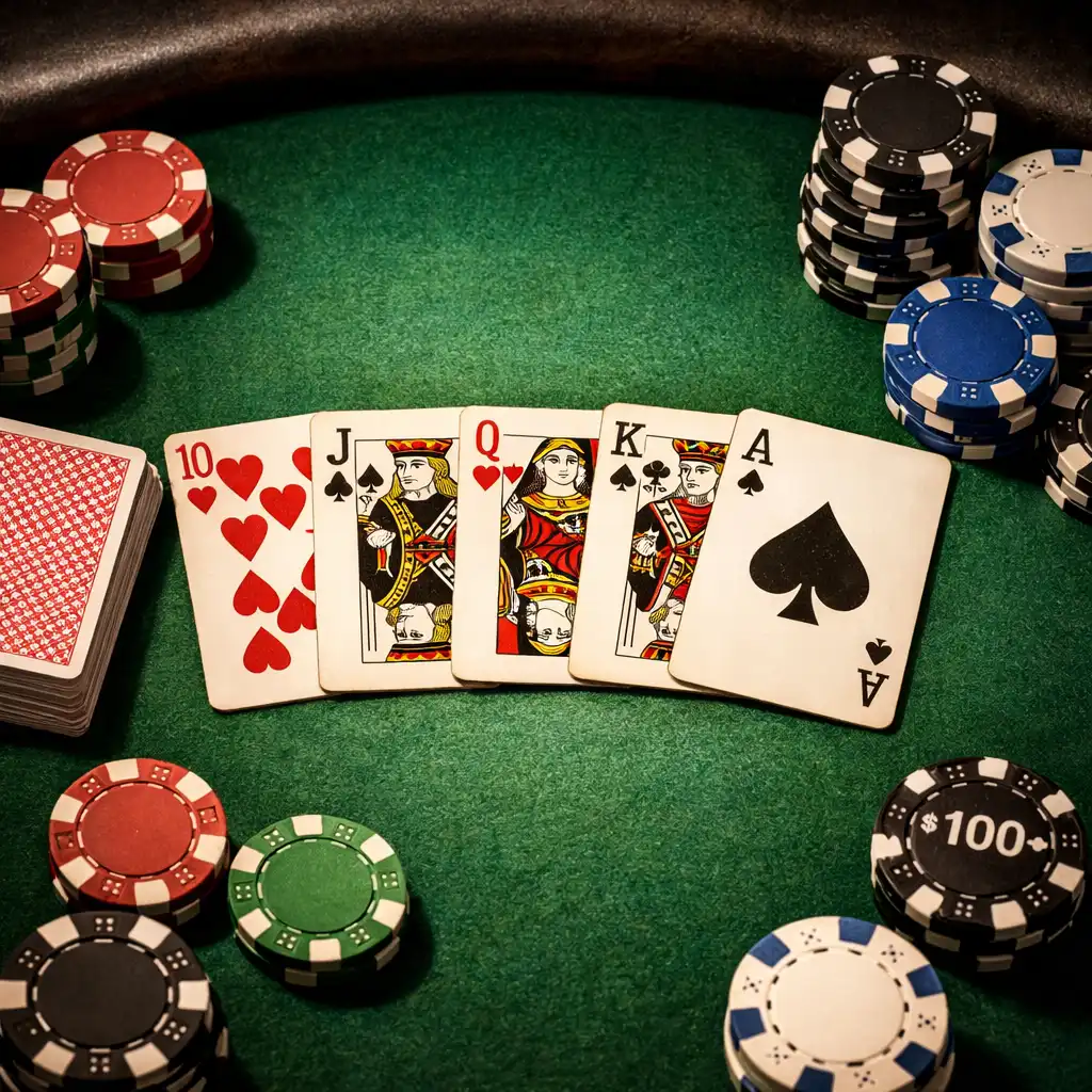 Close-up overhead shot of a poker table with green felt, a deck of cards, and stacks of poker chips