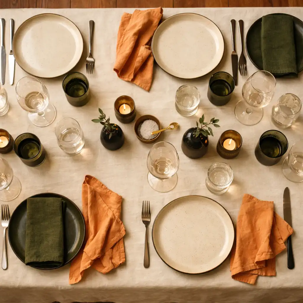 Overhead view of the long communal split table set with elegant plates, cutlery, and glasses