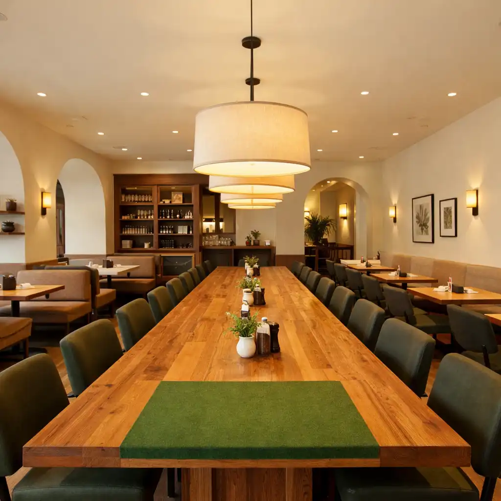 Interior photograph of the dining room with a long communal wooden table, cobalt blue chairs, and warm ivory walls