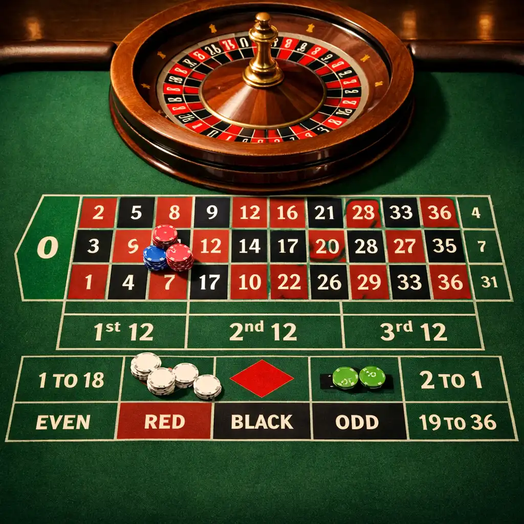 Overhead view of the roulette table layout with chips on green felt