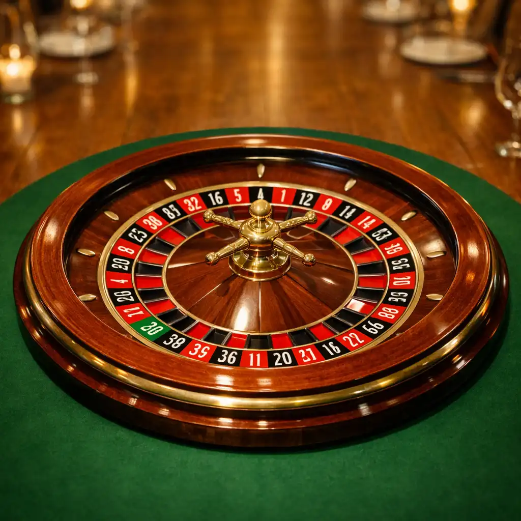 Close-up of a European roulette wheel on the wooden communal table