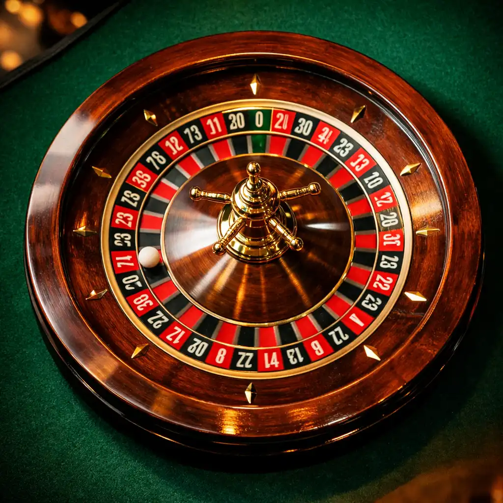Overhead photograph of a physical roulette wheel on a green felt table with dramatic lighting