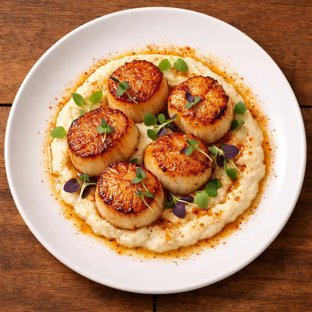 Overhead close-up of seared scallops with cauliflower purée and brown butter sauce