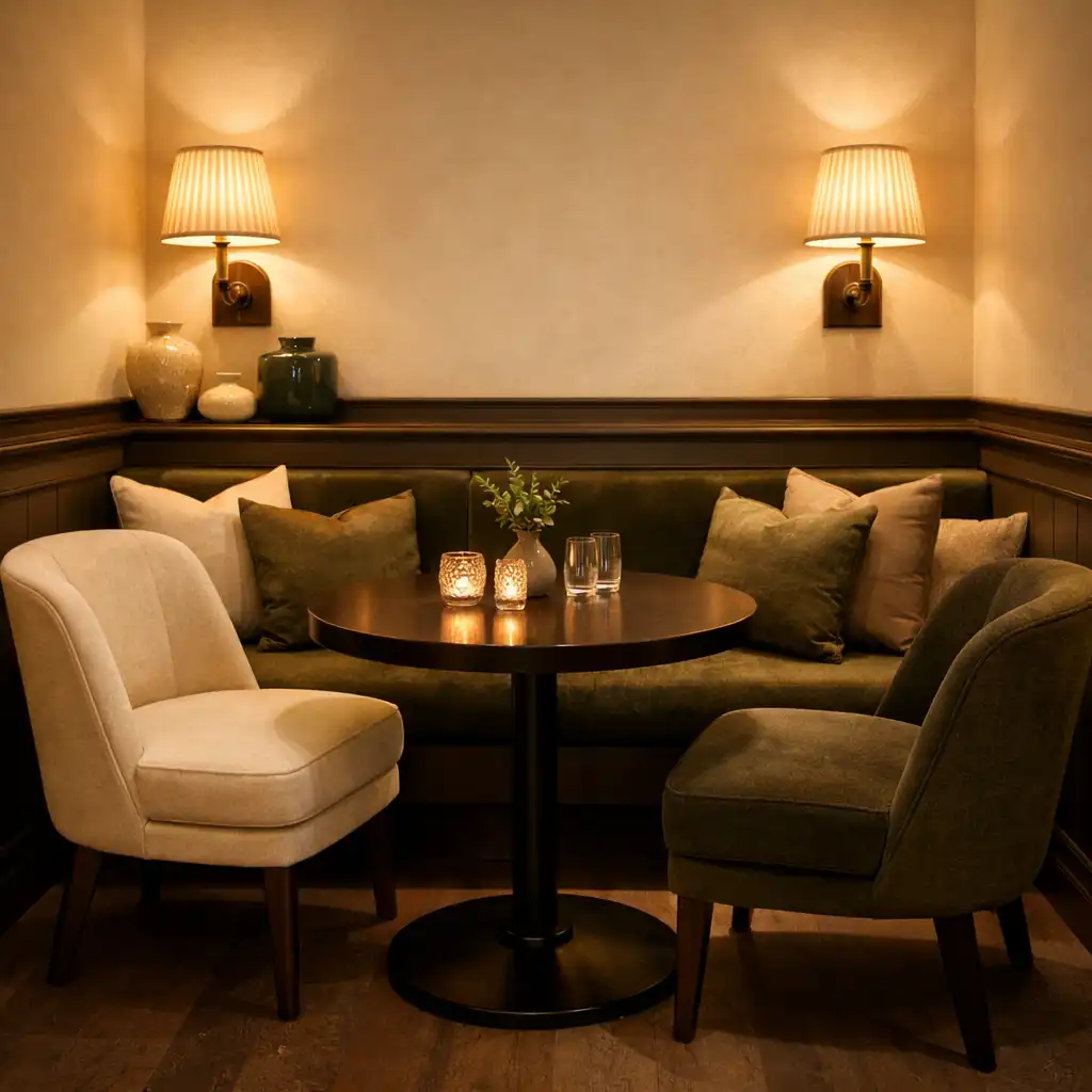 Cozy seating area with upholstered chairs and a small table in warm ivory and dark olive tones