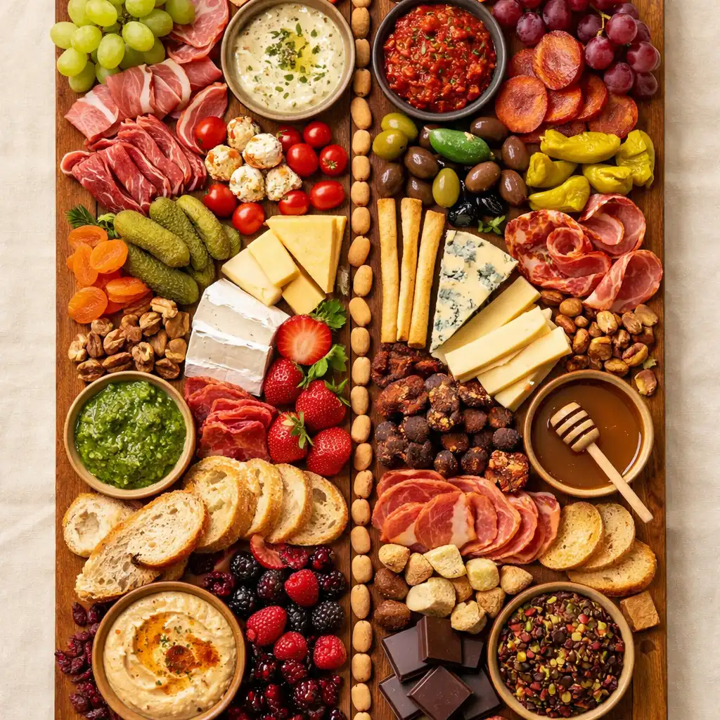 Overhead photograph of the Split Table Tasting Board with small bites, cheeses, charcuterie, and dips arranged along a central line