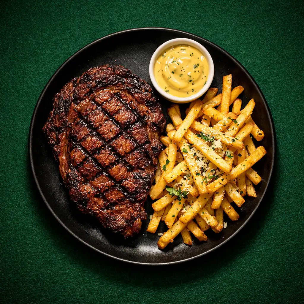 Overhead photograph of the Casino Night Ribeye with truffle fries and béarnaise sauce on a green felt table runner