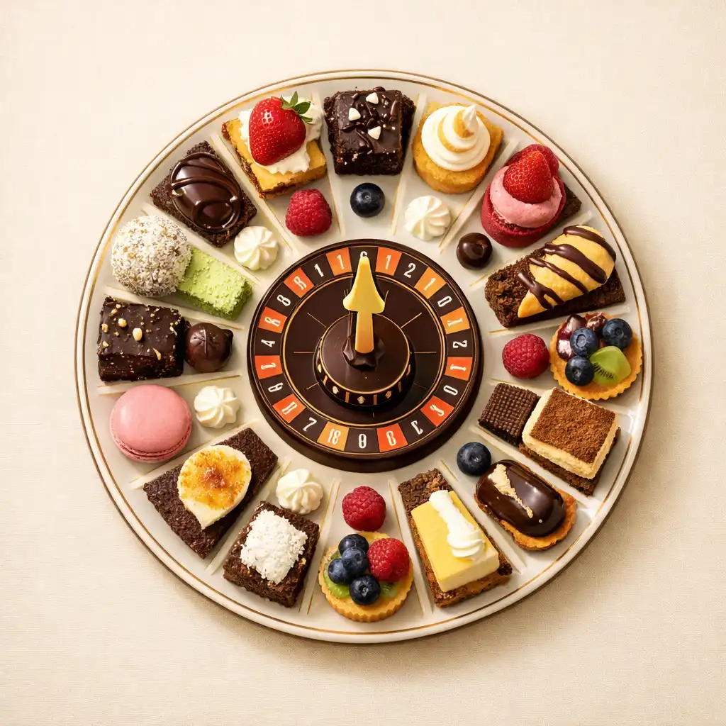 Overhead photograph of the Roulette of Desserts, a circular platter of small desserts arranged like a roulette wheel