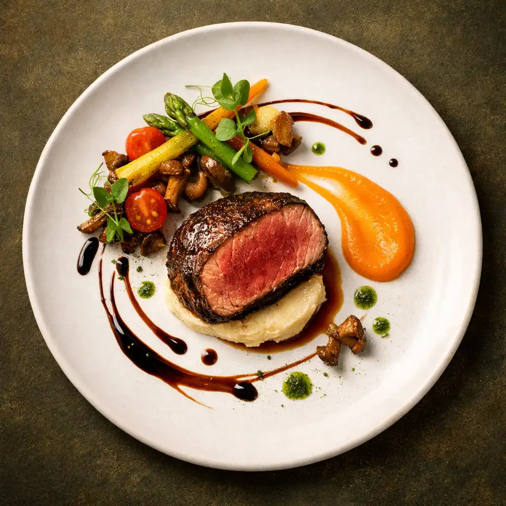 Overhead photograph of a signature dish with vibrant vegetables and artistic sauce drizzle on a dark olive background