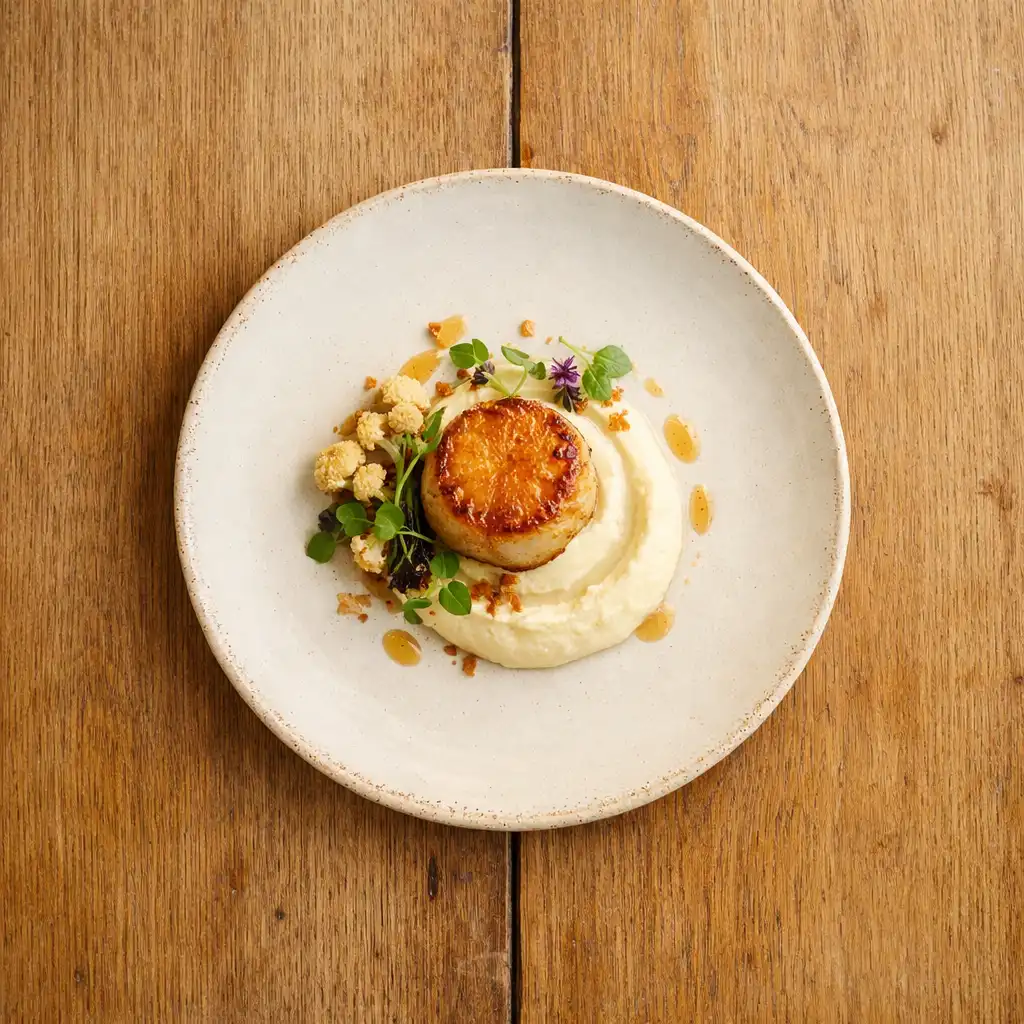 Overhead view of a seared scallop dish with cauliflower purée on a split wooden table