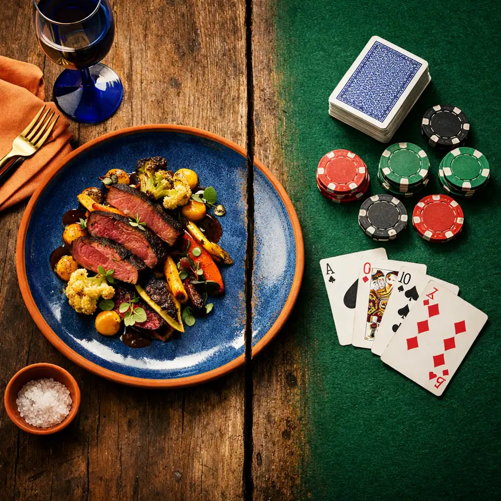 Close-up of a split table with a gourmet dish on one side and a felt surface with cards and chips on the other