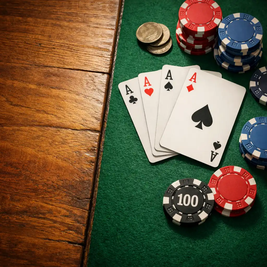Close-up of the split table surface transitioning from warm wood to green felt with playing cards and poker chips