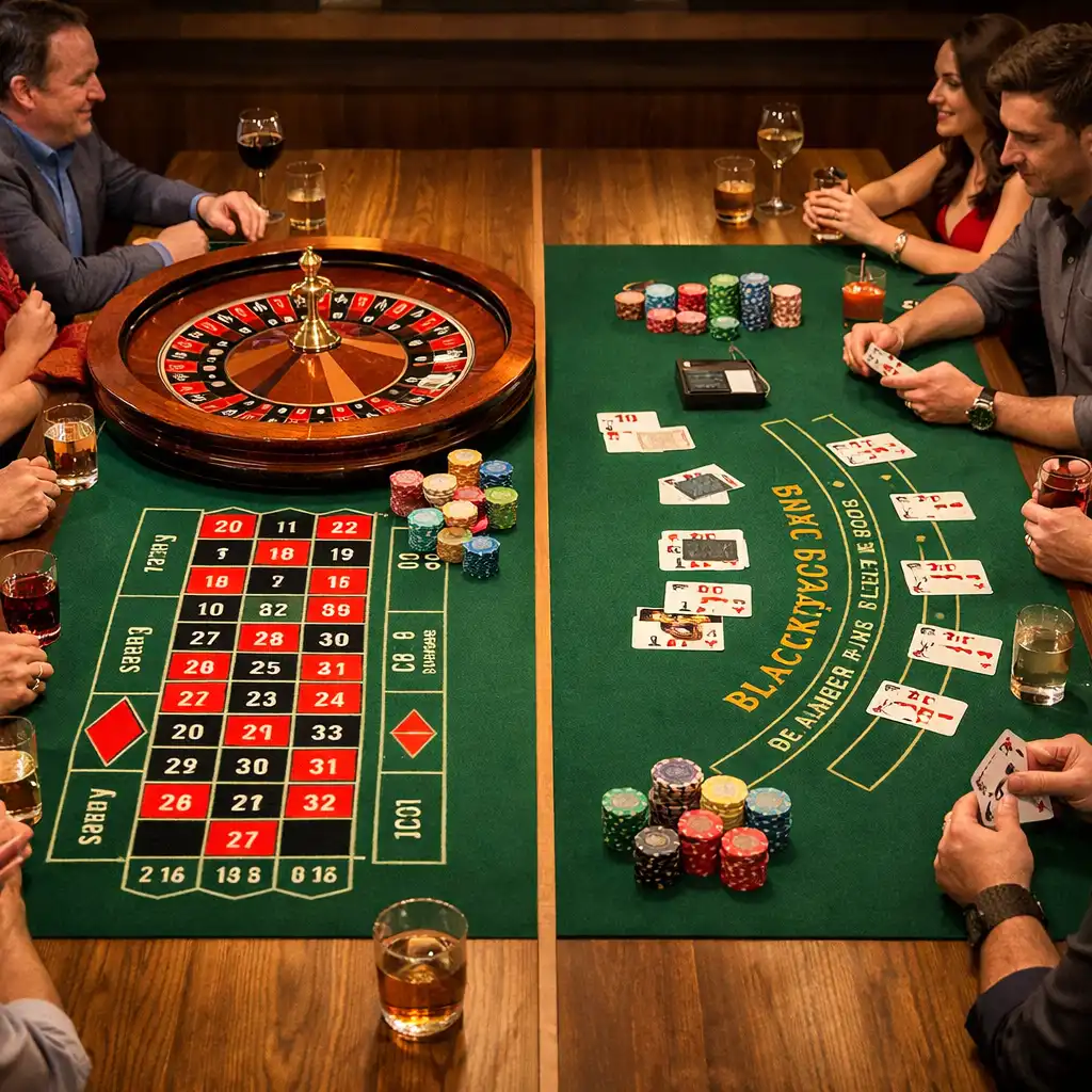 Wide view of the split table showing roulette and blackjack sections together