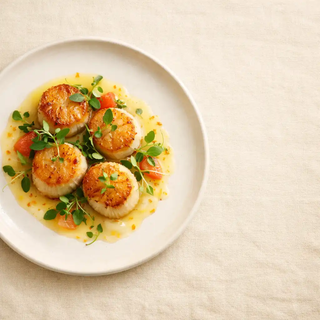 Overhead photograph of seared scallops with citrus beurre blanc and microgreens on a white plate