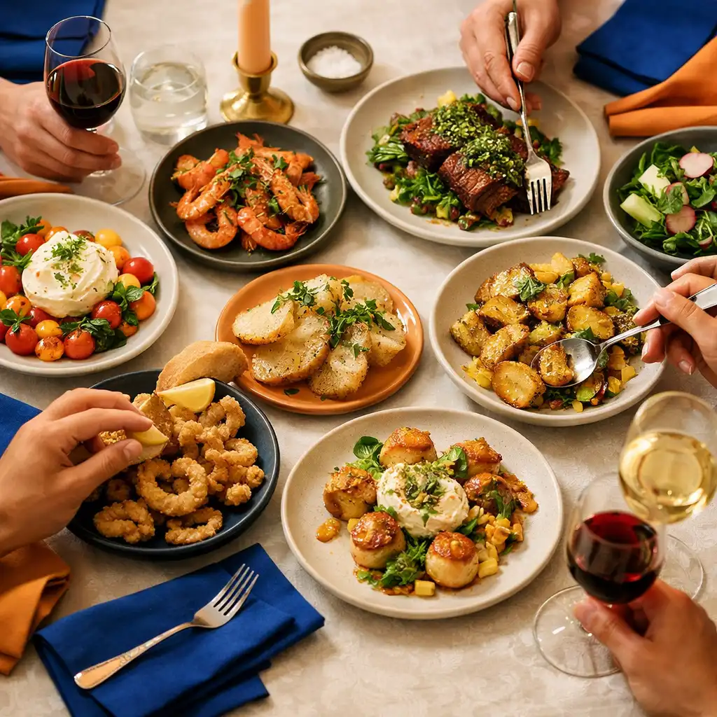 Overhead view of a shared dining table with multiple plates, wine glasses, and hands reaching for dishes